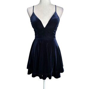 Lace Back Velvet Fit Flare Mini Dress XS Navy Blue Adjustable Straps Back Zip